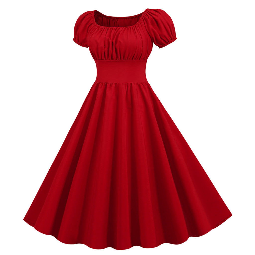 Puff Sleeve Square Neck Fit and Flare Midi Dress
