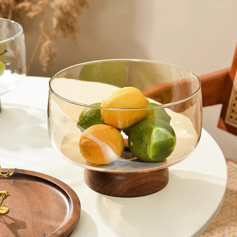 Mid-Century Modern Glass & Acacia Wood Pedestal Fruit Bowl