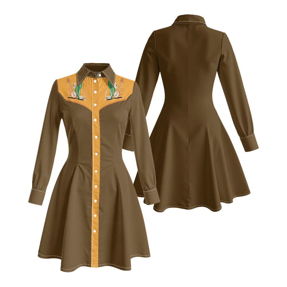 Long Sleeve Western-Style Button-Front Shirt Dress with Graphic Yoke