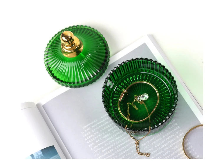 "Emerald Regency" Embossed Green Glass Jewelry & Candy Box