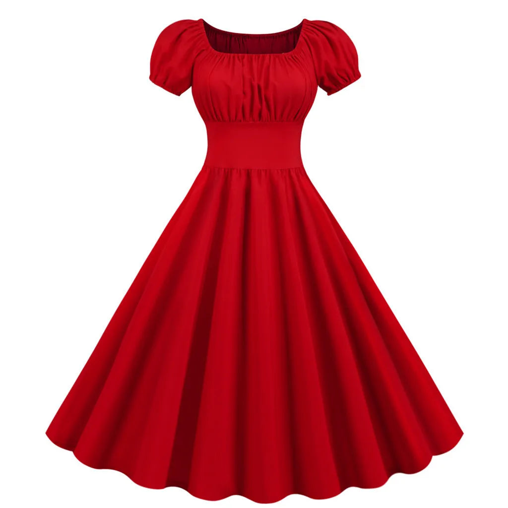 Puff Sleeve Square Neck Fit and Flare Midi Dress