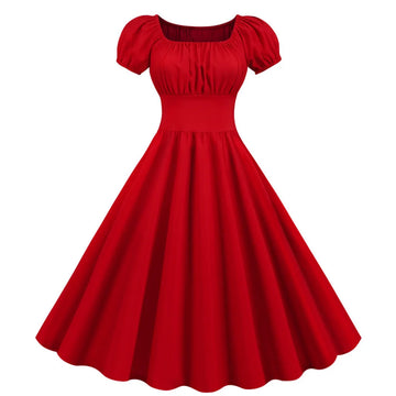 Puff Sleeve Square Neck Fit and Flare Midi Dress