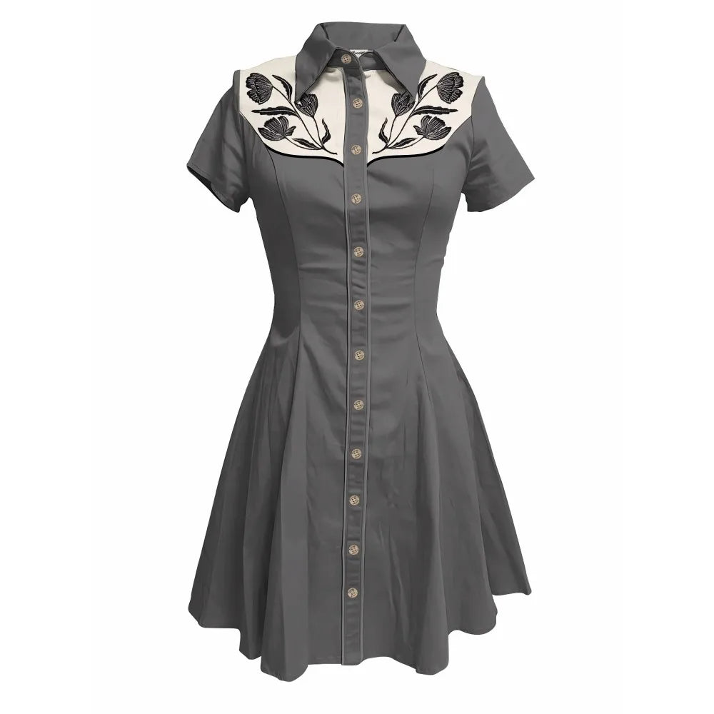 Short Sleeve Western-Style Button-Front Shirt Dress with Floral Print Yoke