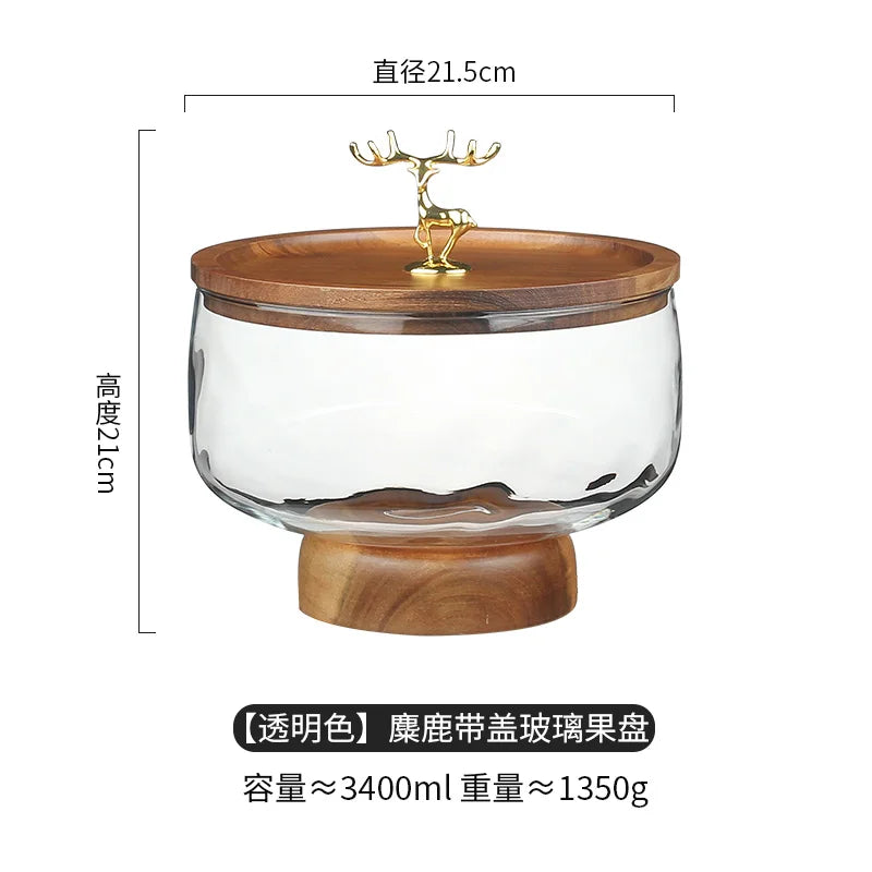 Mid-Century Modern Glass & Acacia Wood Pedestal Fruit Bowl