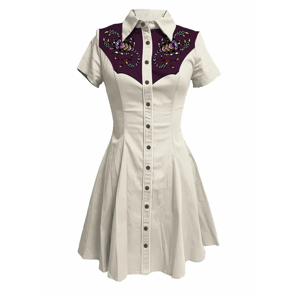 Short Sleeve Western-Style Button-Front Shirt Dress with Scorpion Yoke Graphic