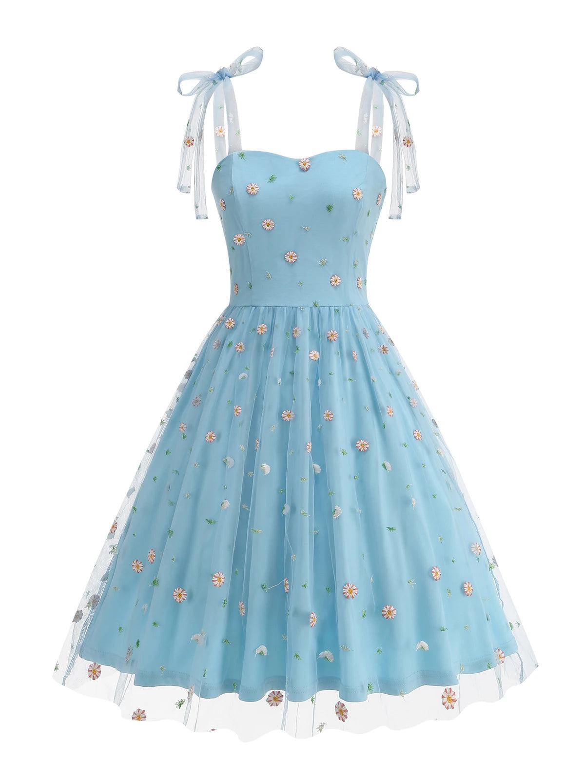 Embroidered Floral Tie Strap Midi Dress with Sheer Overlay