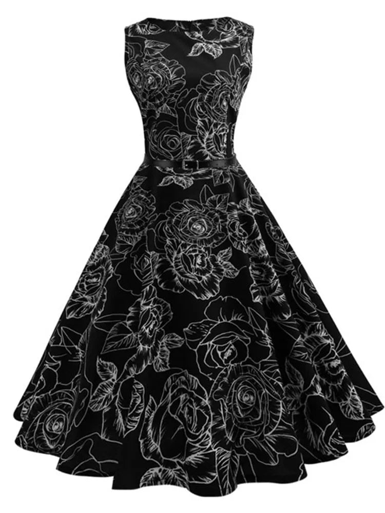 Floral Print Women Summer Dress Hepburn 50s 60s Retro Swing Vintage Dress A-Line Party Dresses With Belt jurken