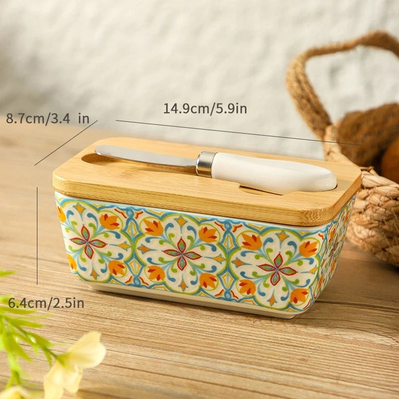 Americana Pastoral Ceramic Butter Dish with Bamboo Lid & Knife