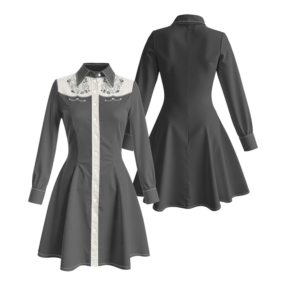 Long Sleeve Western-Style Button-Front Shirt Dress with Graphic Yoke