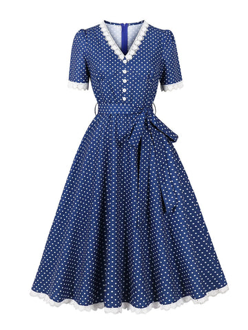 Lace Trim Polka Dot Tie-Waist Dress