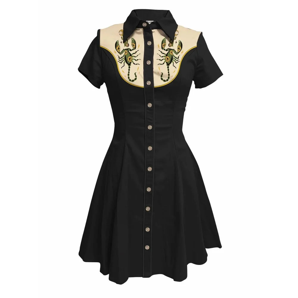 Short Sleeve Western-Style Button-Front Shirt Dress with Scorpion Yoke Graphic