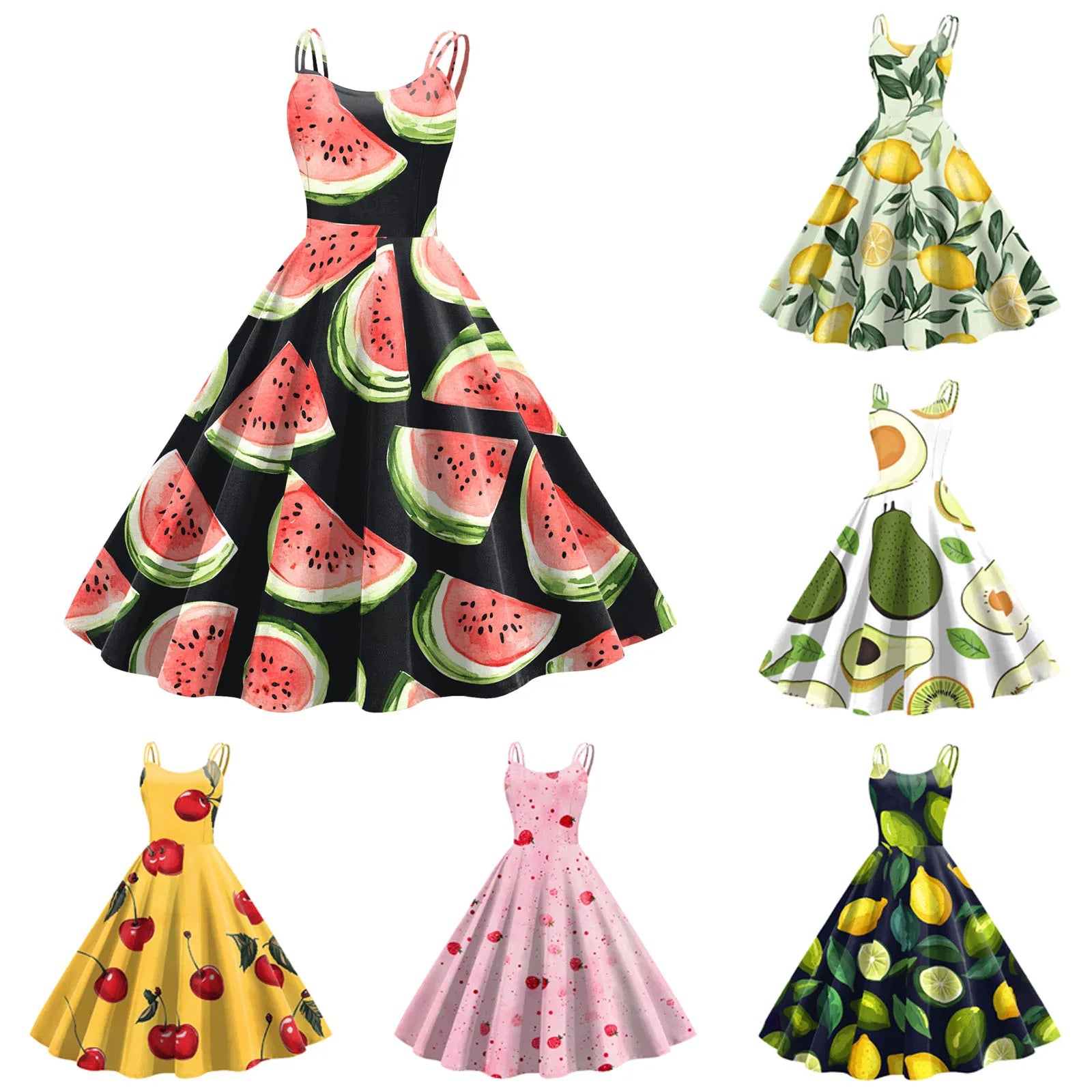 Fruit Print Spaghetti Strap Midi Dress