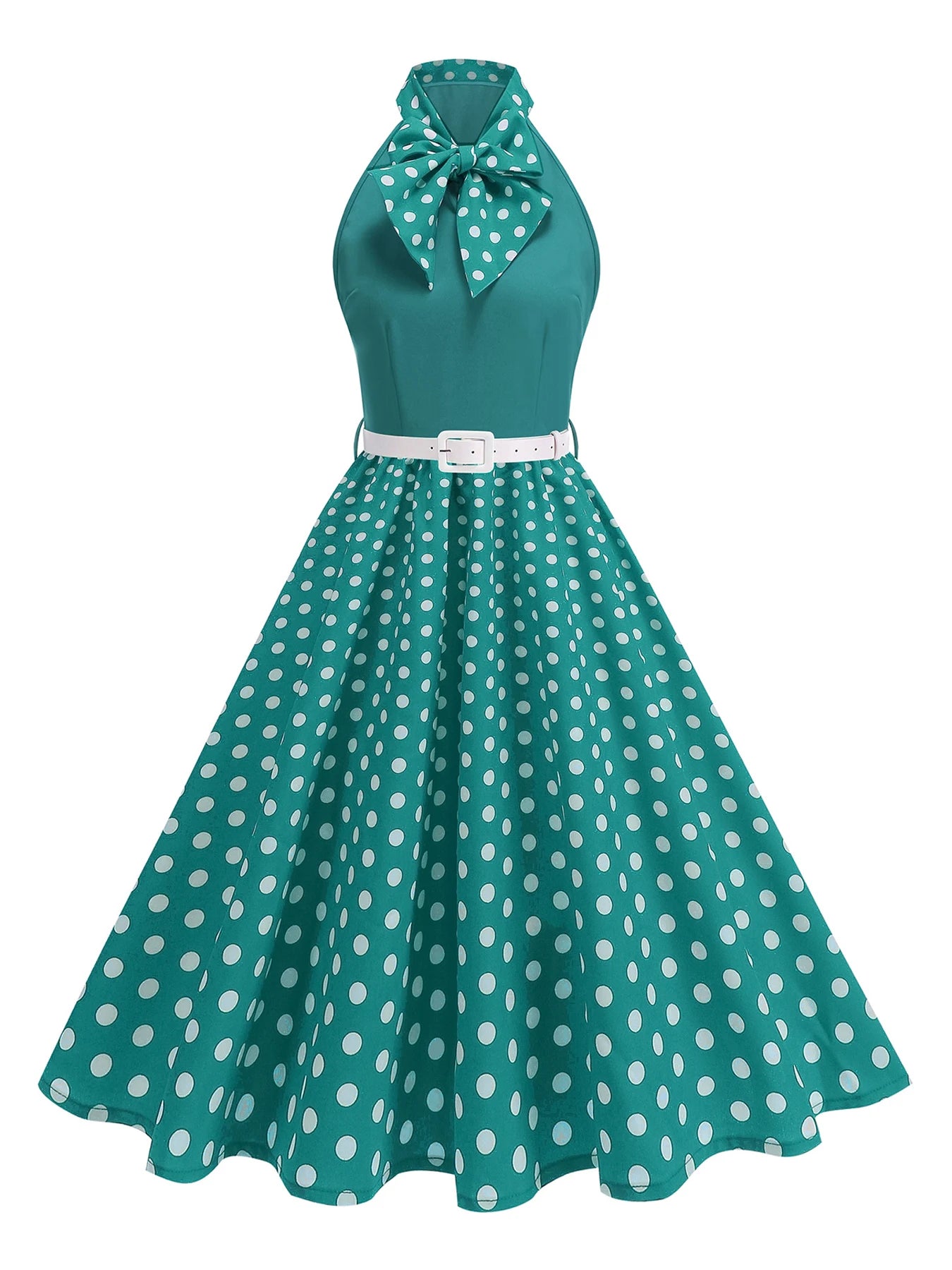 Halter Neck Polka Dot Midi Dress with Bow and Belt