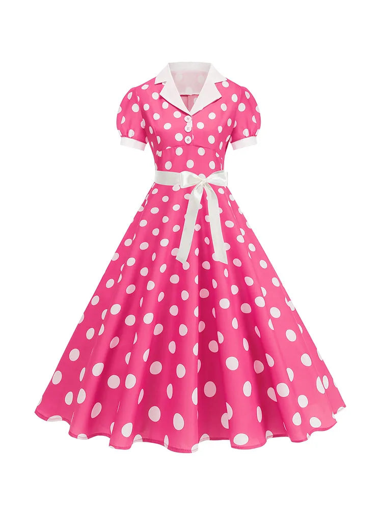 Vintage Polka Dot Pleated Summer Dress Women 1950s 60s Notched Collar Short Sleeve Belted Elegant Retro Clothing