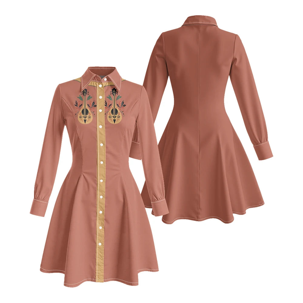 Long Sleeve Western-Style Button-Front Shirt Dress with Floral Yoke Graphic