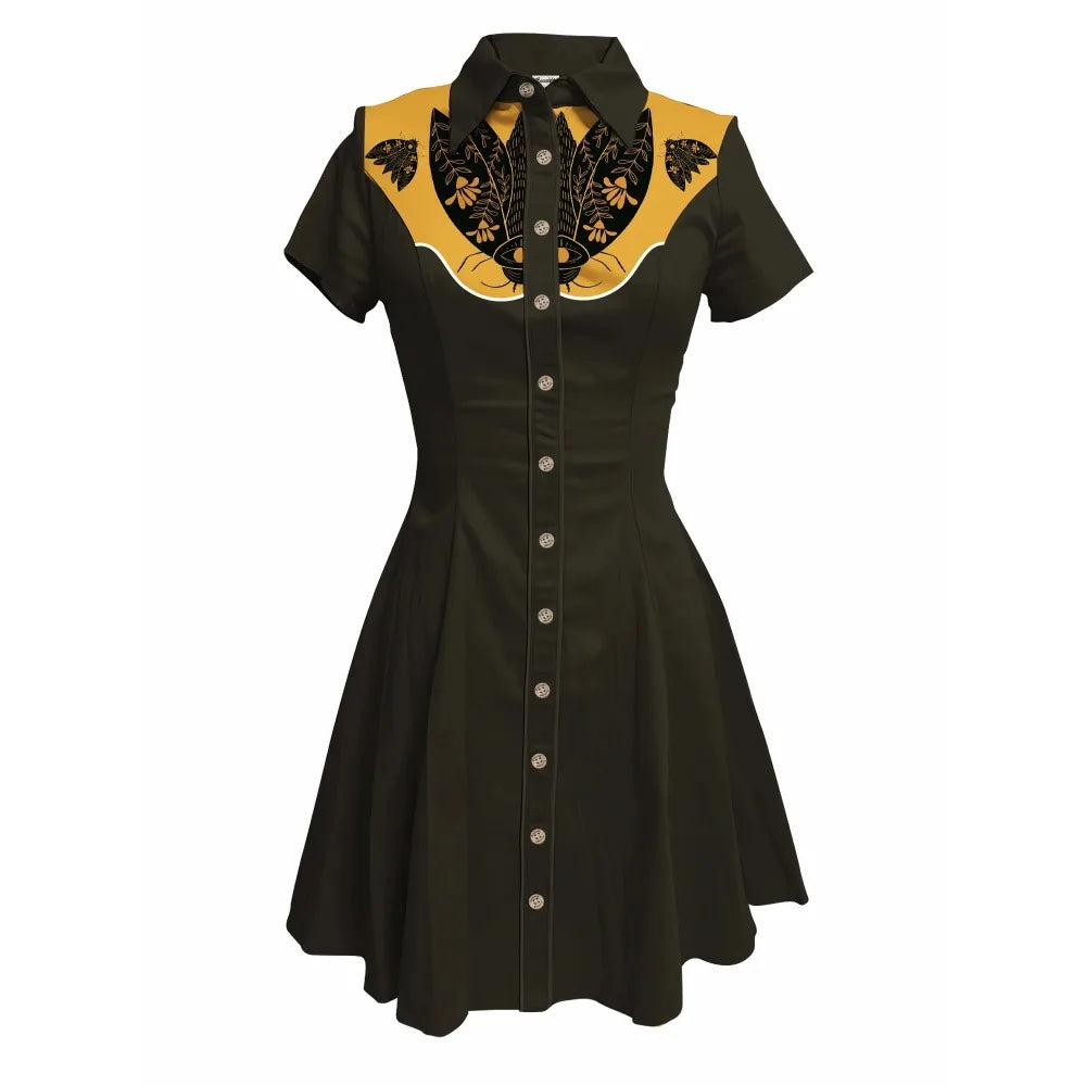 Short Sleeve Button-Front Shirt Dress with Moth Design