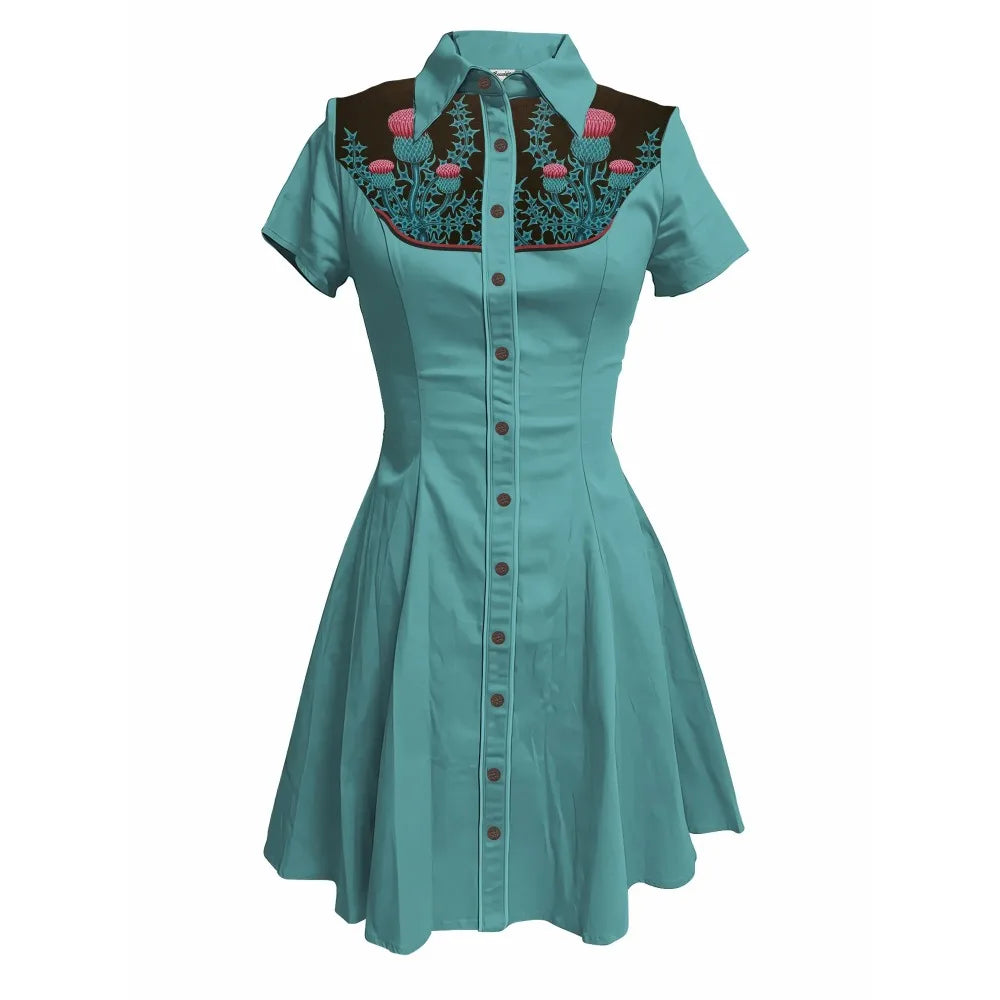 Short Sleeve Western-Style Button-Front Shirt Dress with Floral Print Yoke