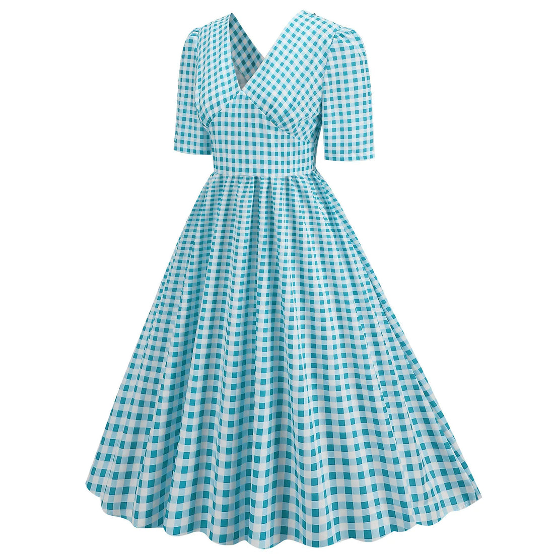 Gingham V-Neck Midi Dress with Fitted Bodice
