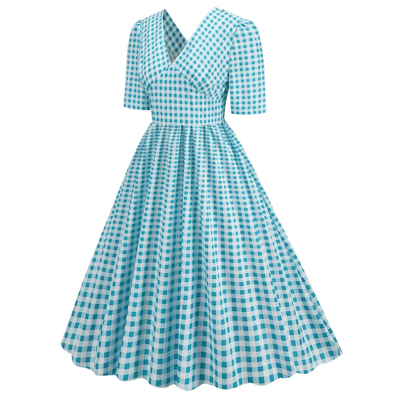 Gingham V-Neck Midi Dress with Fitted Bodice