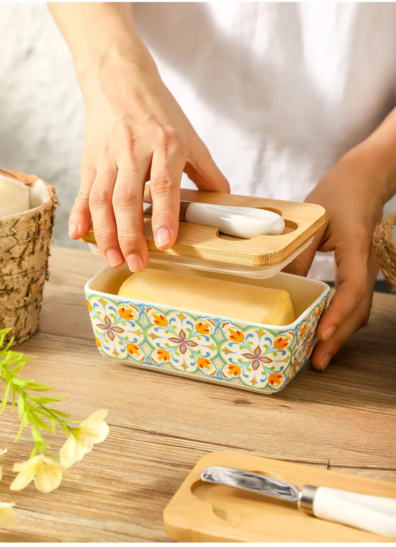 Americana Pastoral Ceramic Butter Dish with Bamboo Lid & Knife
