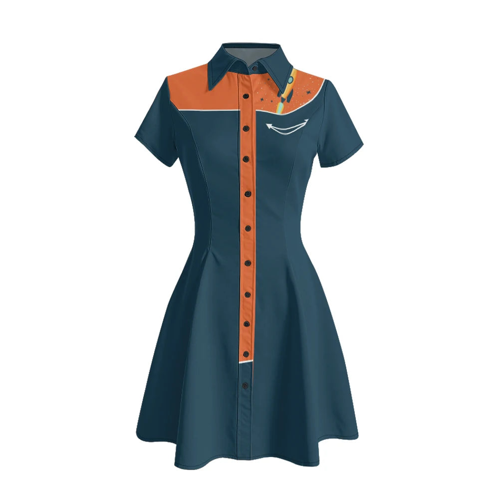 Short Sleeve Western-Style Button-Front Shirt Dress with Planet Yoke Print