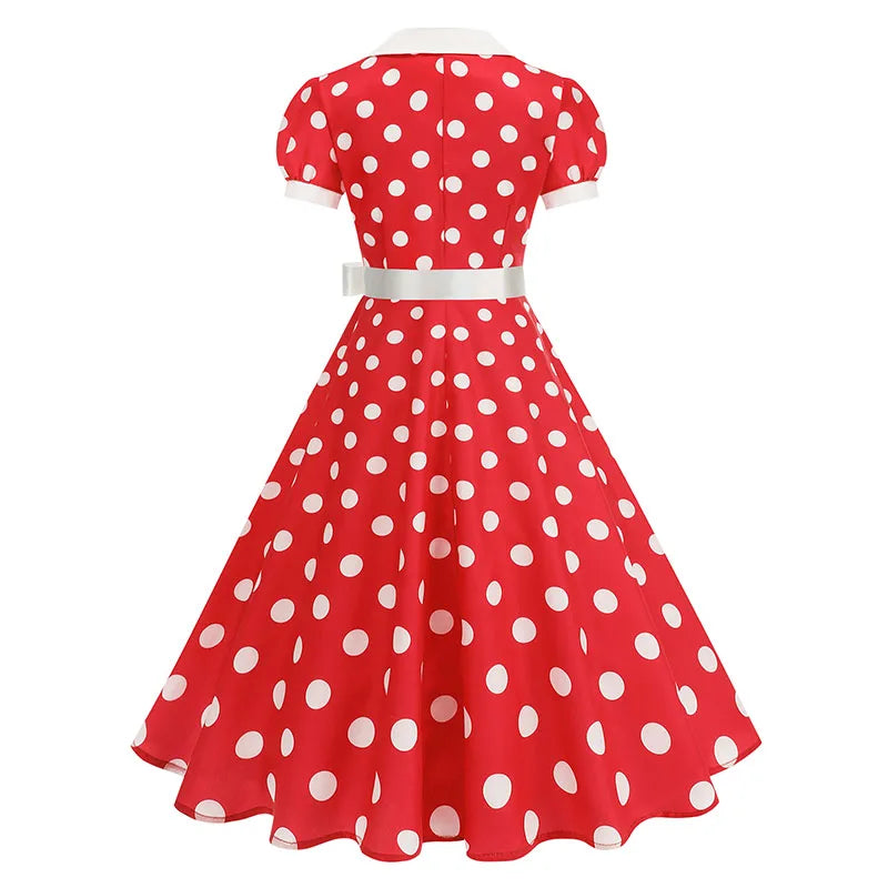 Vintage Polka Dot Pleated Summer Dress Women 1950s 60s Notched Collar Short Sleeve Belted Elegant Retro Clothing