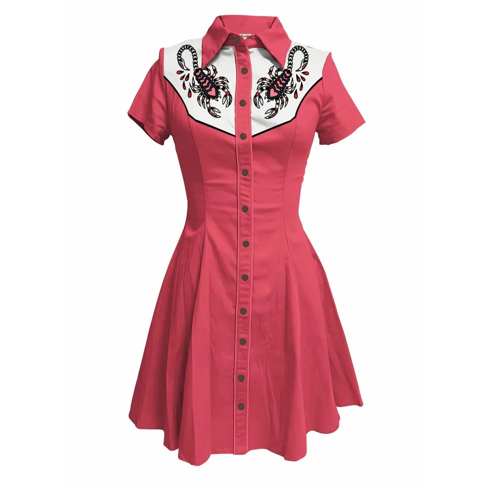 Short Sleeve Western-Style Button-Front Shirt Dress with Scorpion Yoke Graphic