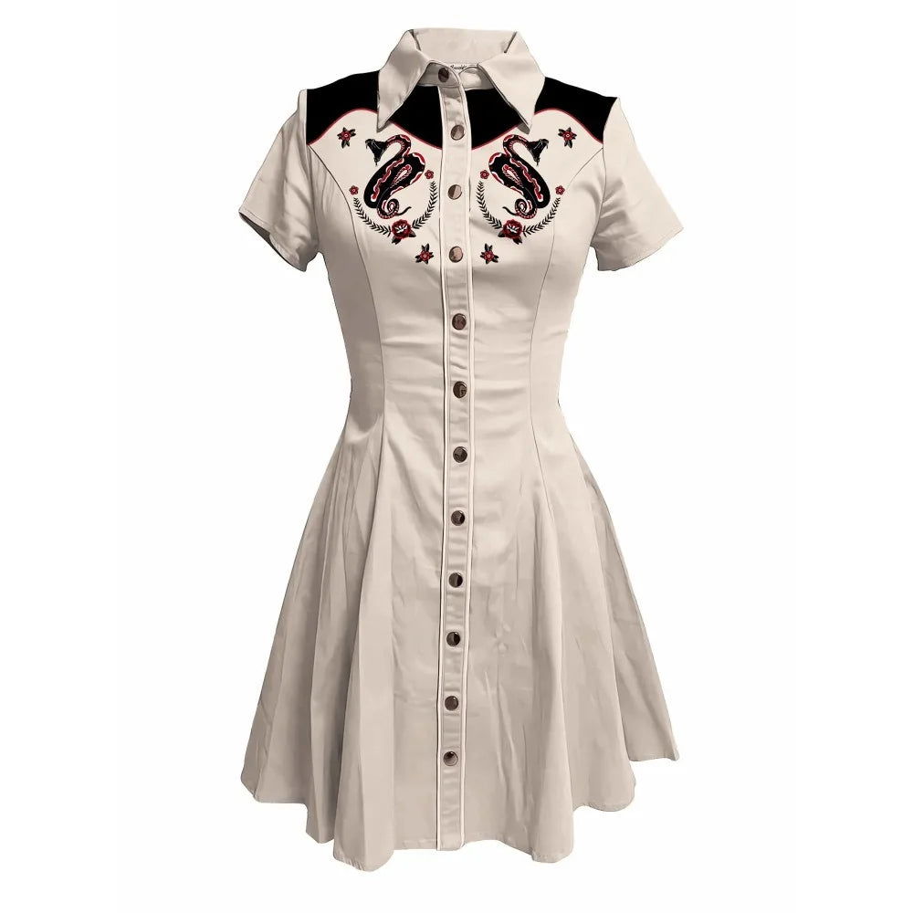 Short Sleeve Western-Inspired Button-Front Shirt Dress with Snake and Rose Yoke