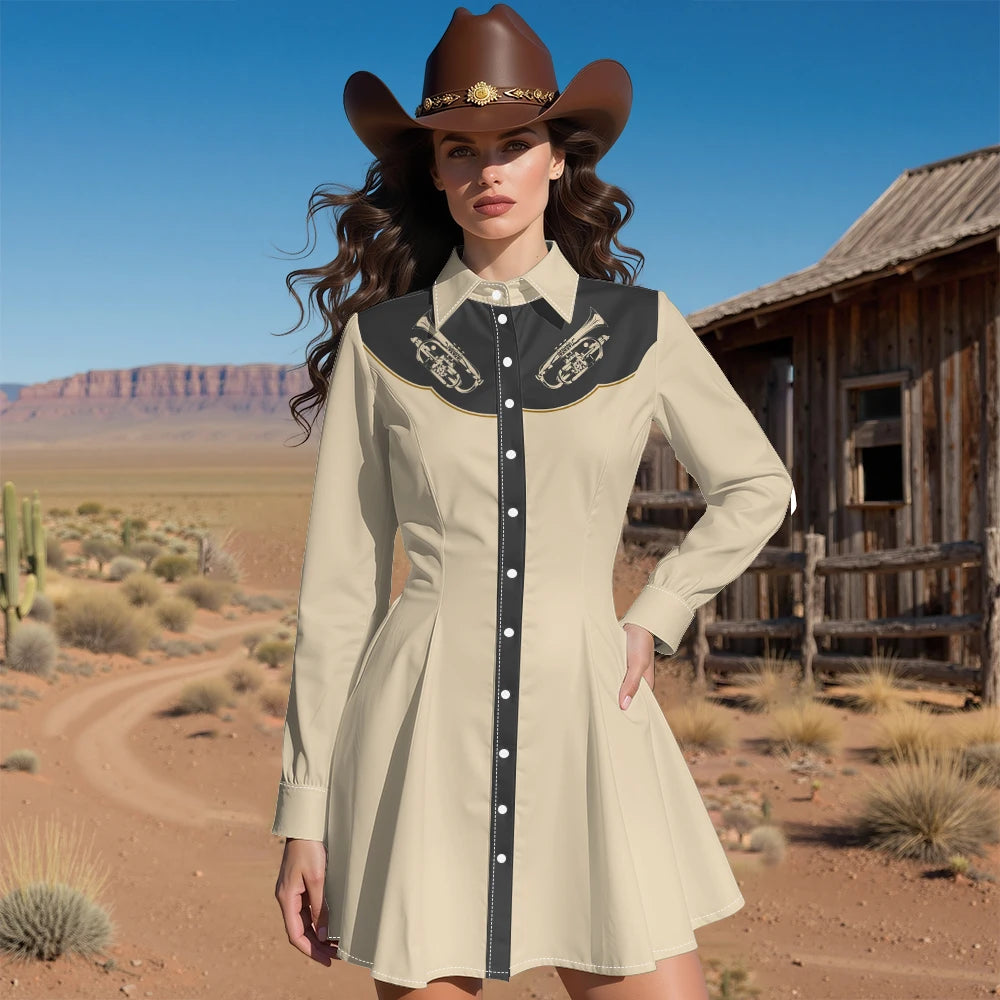 Long Sleeve Western-Style Button-Front Shirt Dress with Graphic Yoke