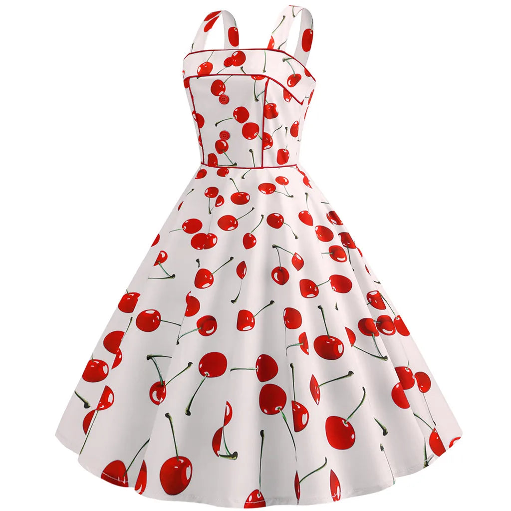 Square Neck Cherry Print Fit and Flare Dress