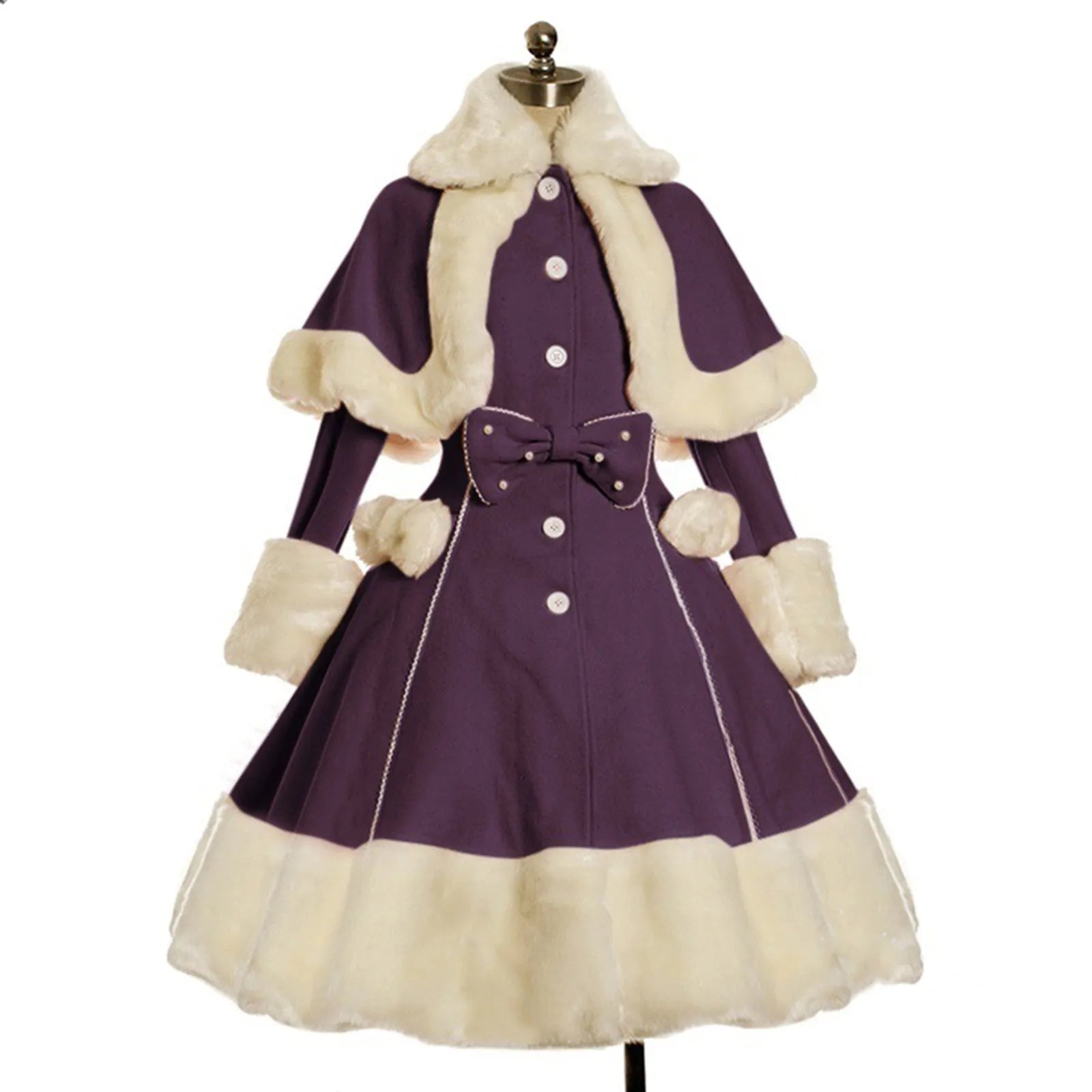Faux Fur Trim Button Front Coat Dress with Bow Detail