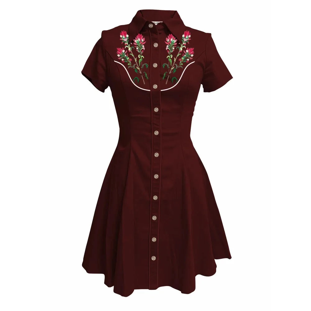 Short Sleeve Button-Front Shirt Dress with Rose Yoke Graphic