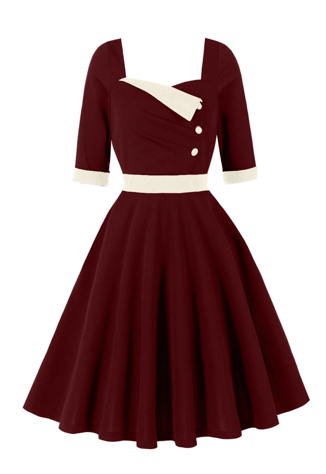 Contrast Lapel Button Detail Fit & Flare Dress