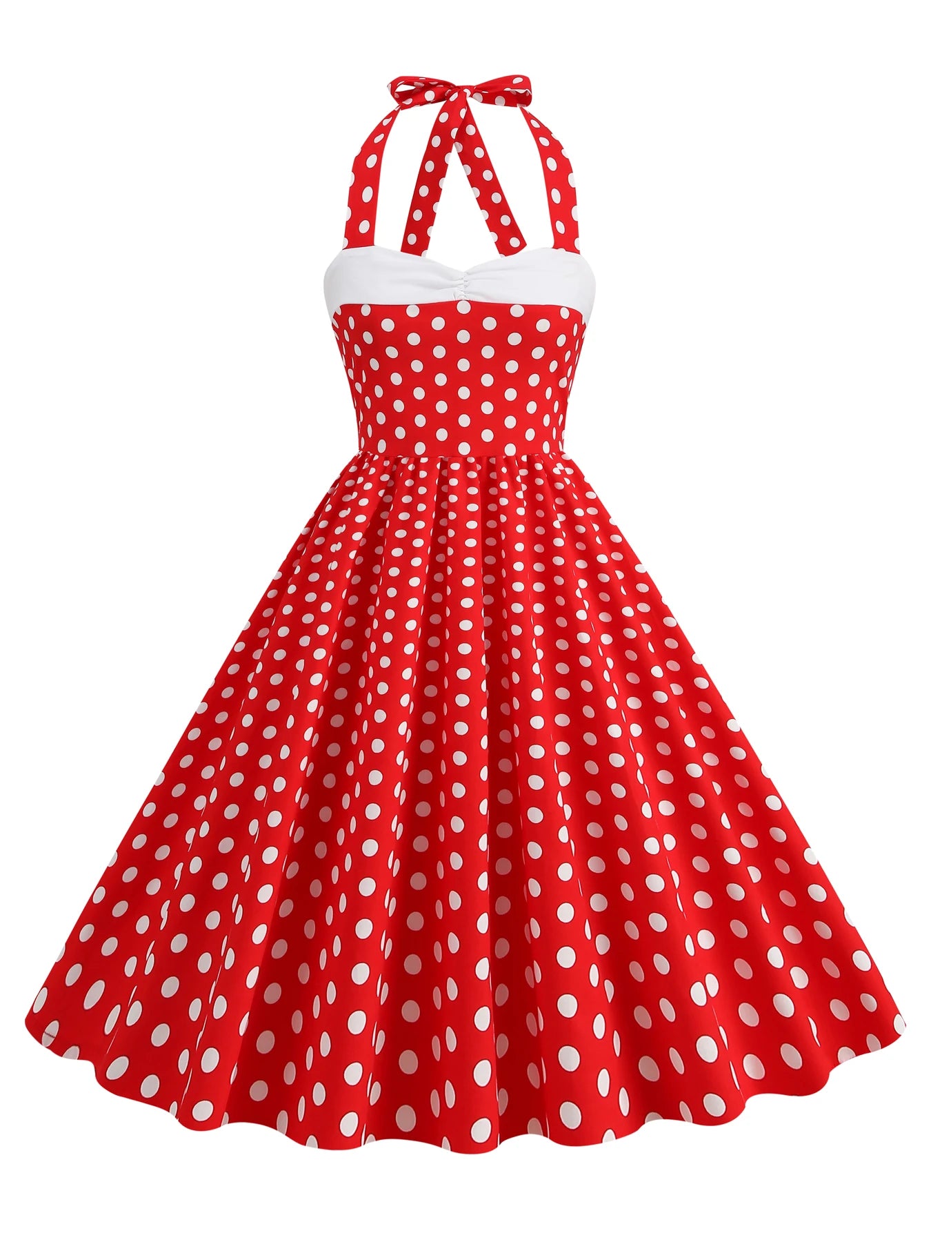 Polka Dot Halter Midi Dress with Contrast Bodice