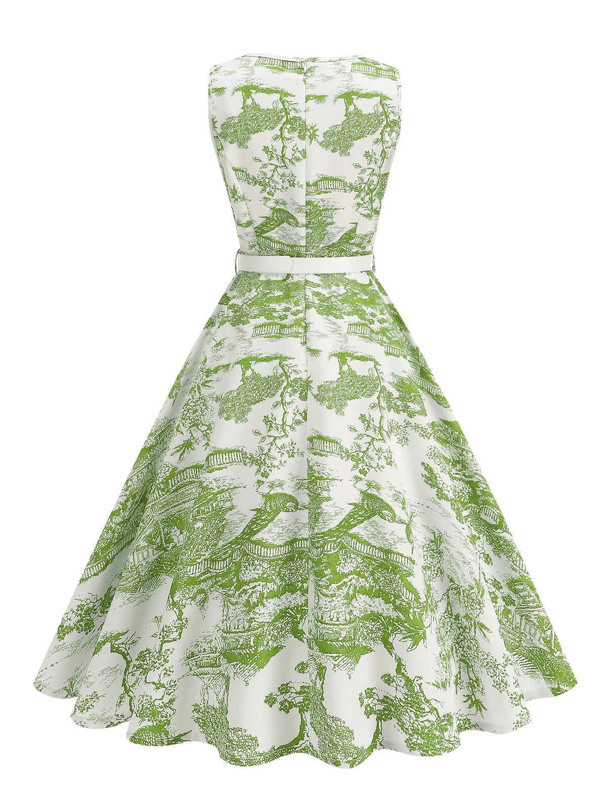Scenic Print Belted Fit & Flare Dress