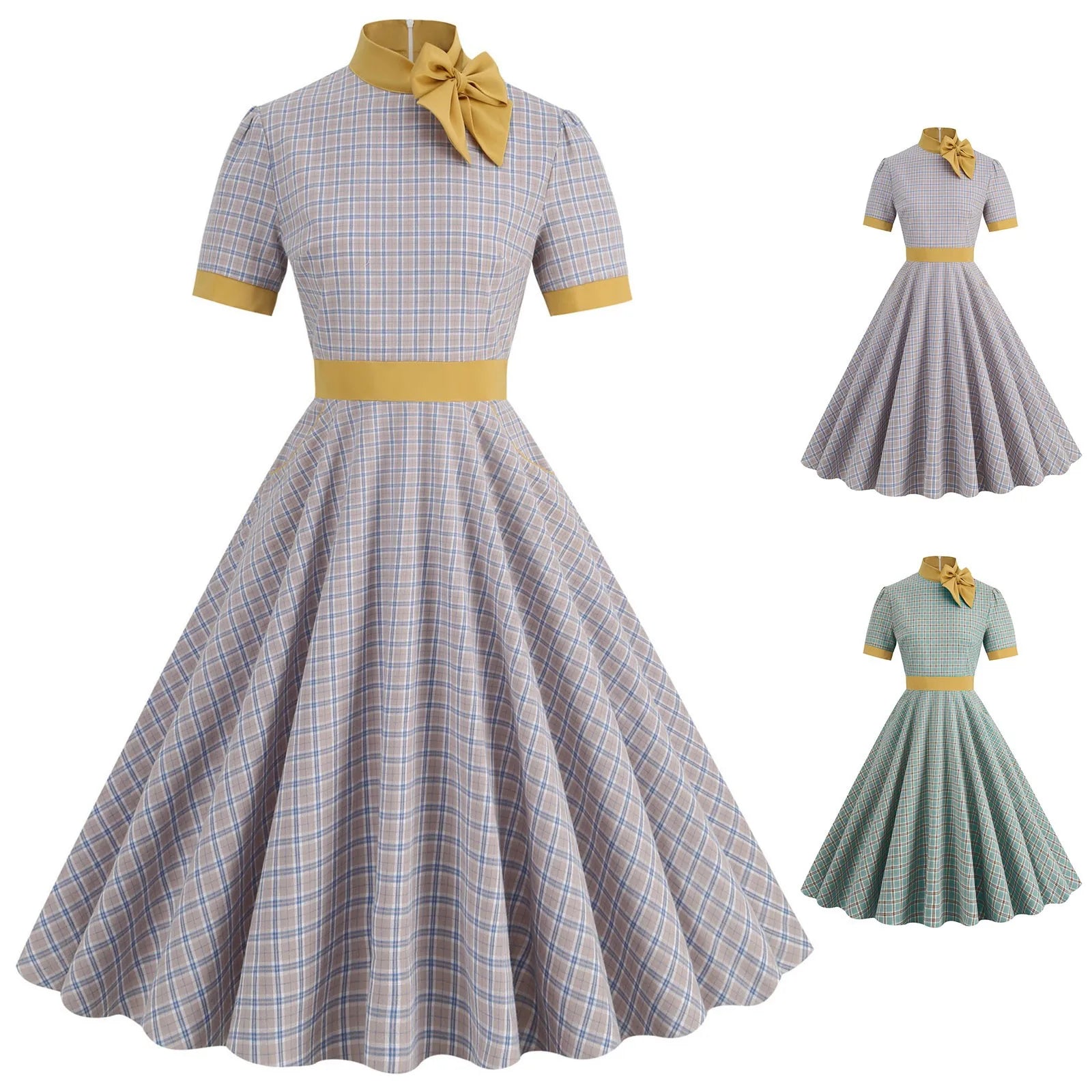 Plaid High Neck Midi Dress with Bow Detail
