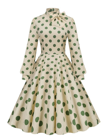 High Neck Polka Dot Long Sleeve Midi Dress with Bow Detail