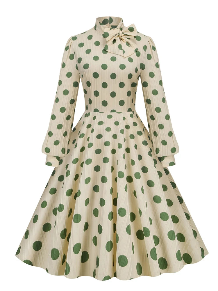 High Neck Polka Dot Long Sleeve Midi Dress with Bow Detail