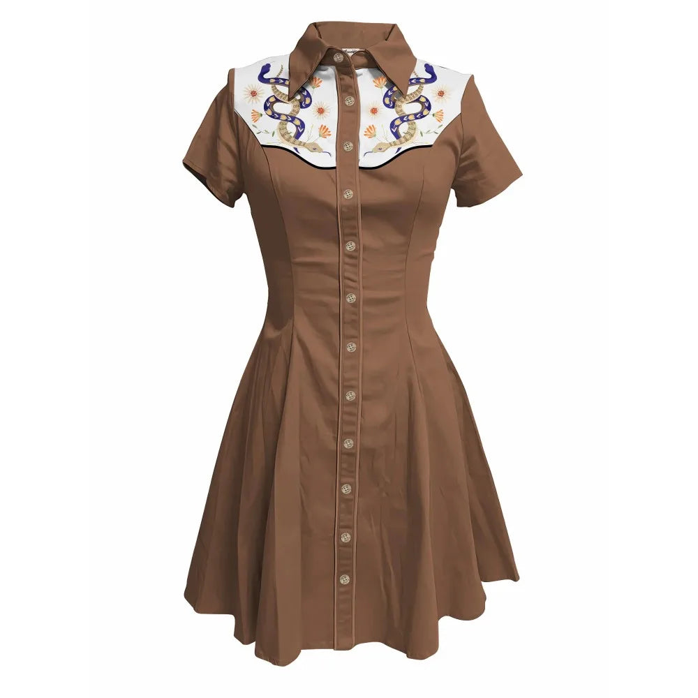 Short Sleeve Western-Inspired Button-Front Shirt Dress with Snake and Rose Yoke