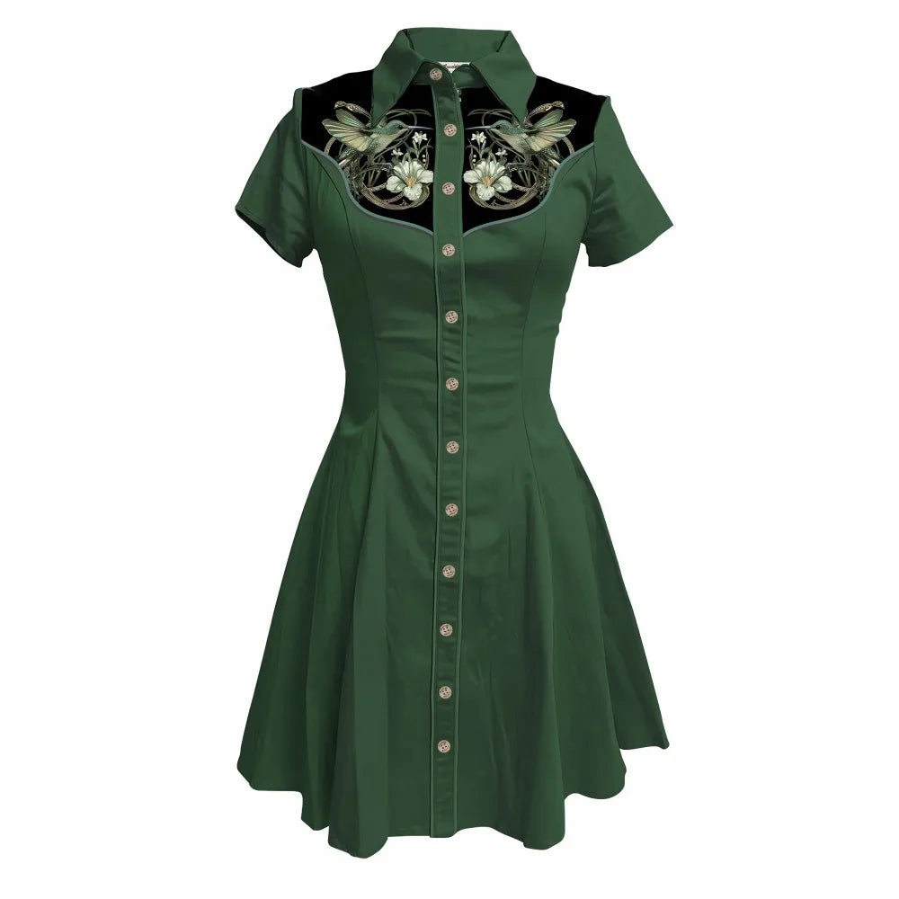 Short Sleeve Button-Front Shirt Dress with Bird Yoke Graphic