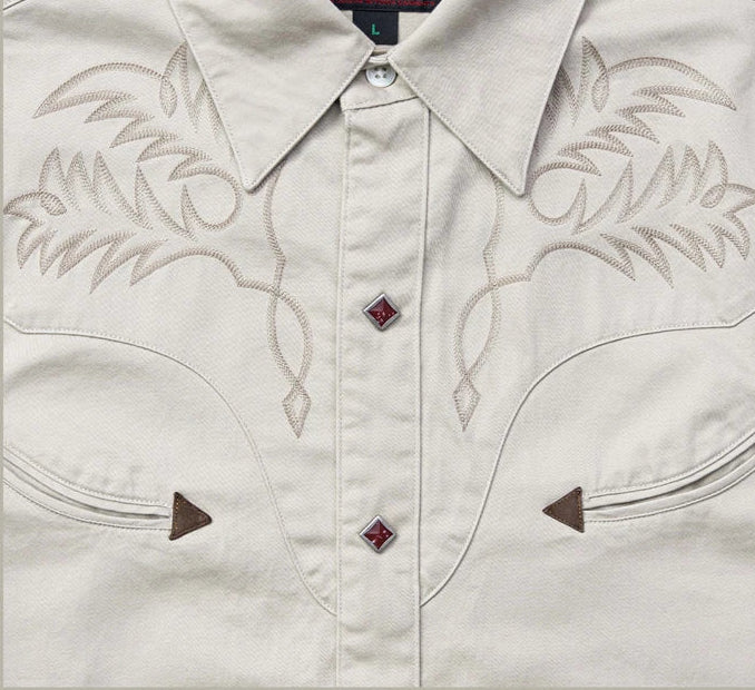 1940s Style Long Sleeve Western-Style Button-Up Shirt with Embroidered Yoke Details