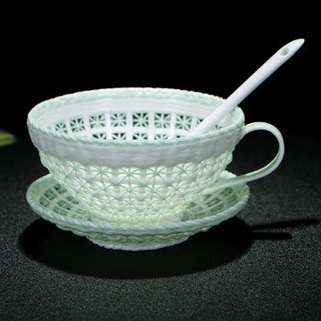 Antique Style Woven-Relief Ceramic Coffee Cup & Saucer Set