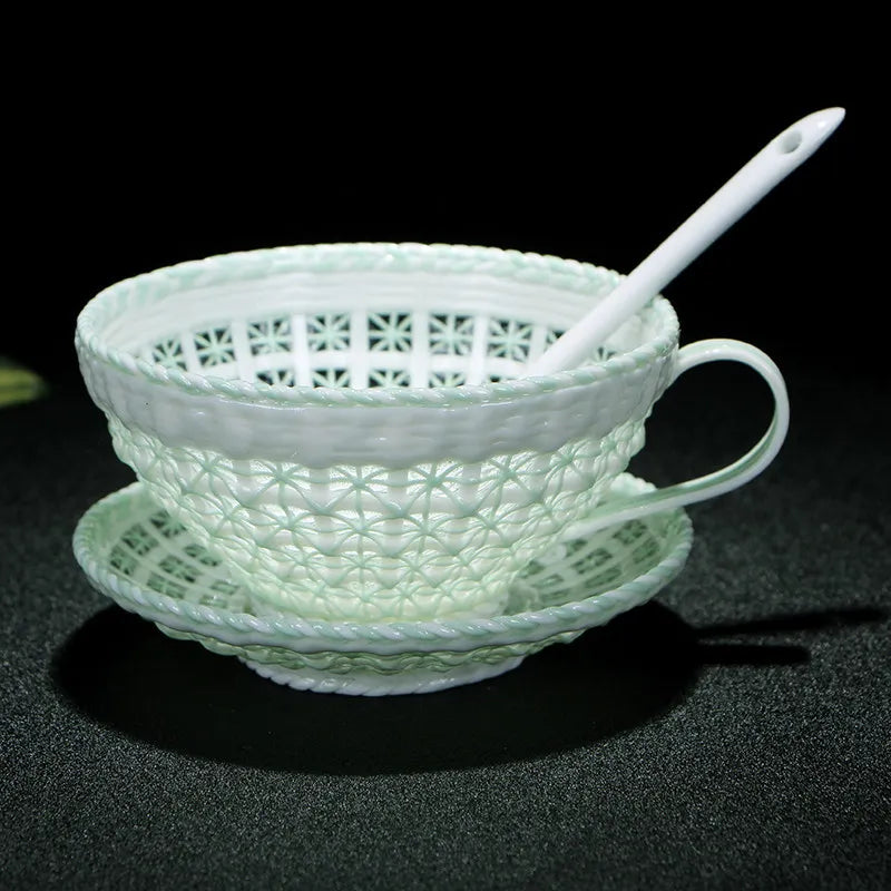 Antique Style Woven-Relief Ceramic Coffee Cup & Saucer Set