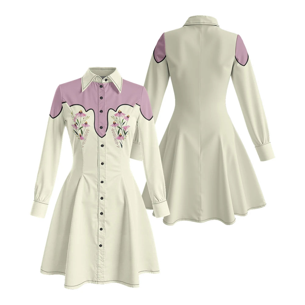 Long Sleeve Western-Style Button-Front Shirt Dress with Floral Yoke Graphic