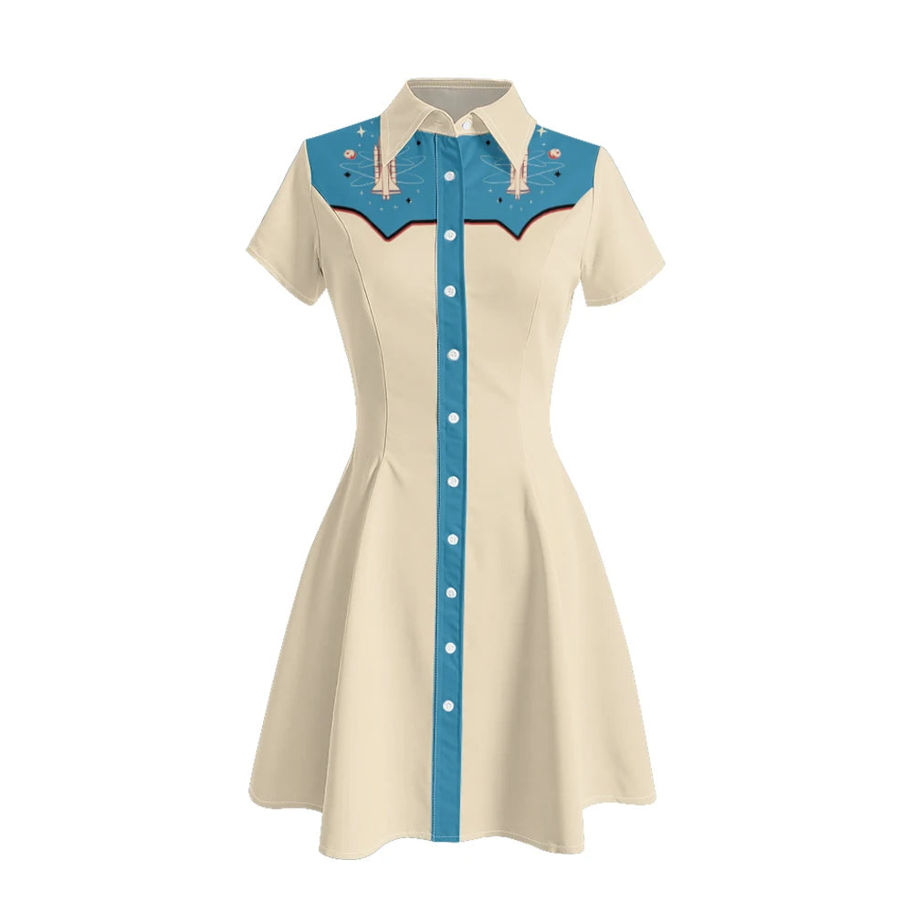 Short Sleeve Western-Style Button-Front Shirt Dress with Planet Yoke Print