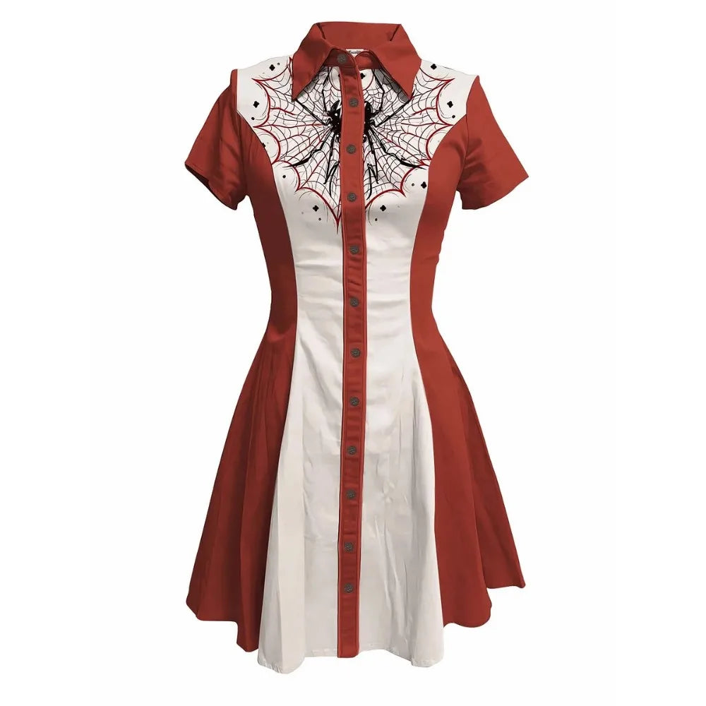 Short Sleeve Button-Front Shirt Dress with Spiderweb Yoke Graphic