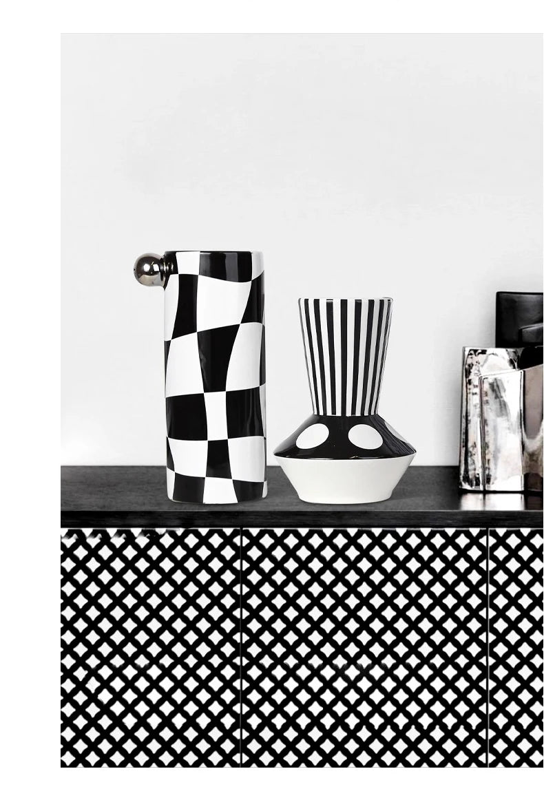 Art Deco Black & White Striped Geometric Vase
