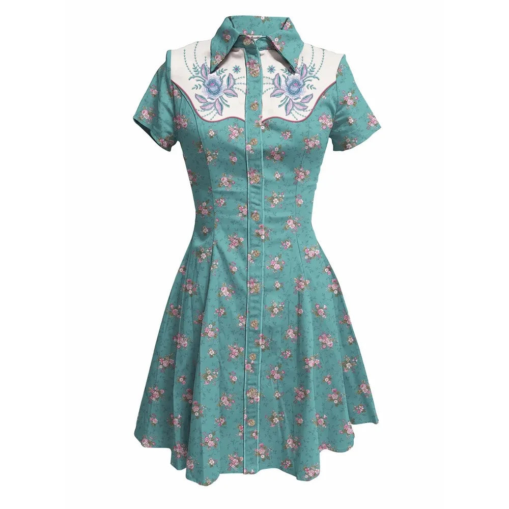 Short Sleeve Button-Front Shirt Dress with Floral Print and Embroidered Yoke