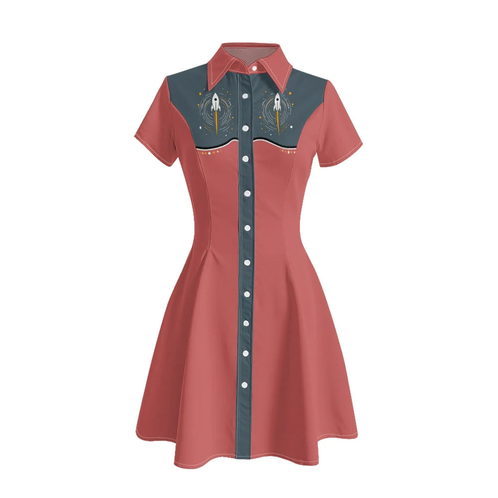Short Sleeve Western-Style Button-Front Shirt Dress with Planet Yoke Print