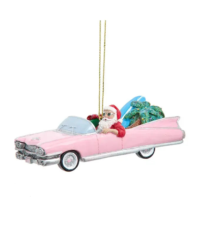 Christmas Ornament - Santa in Pink Cadillac Coastal Holiday Decor 4.13" Resin